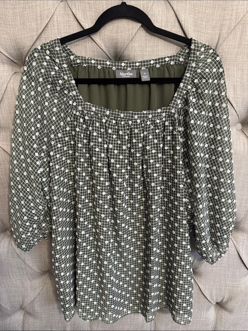 Martha Stewart Olive Green Smocked Square-Neck Long Sleeve Blouse